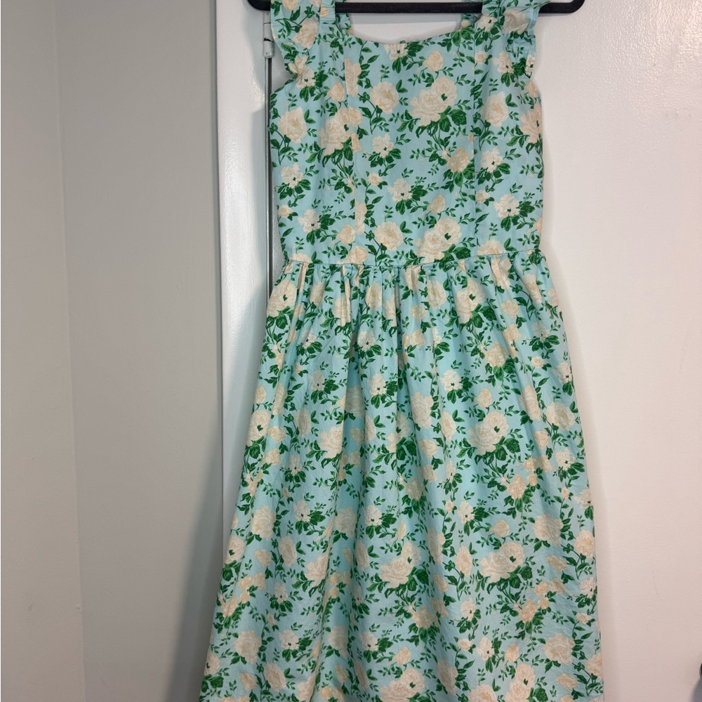 Blueberi Boulevard Green and Cream Floral Dress